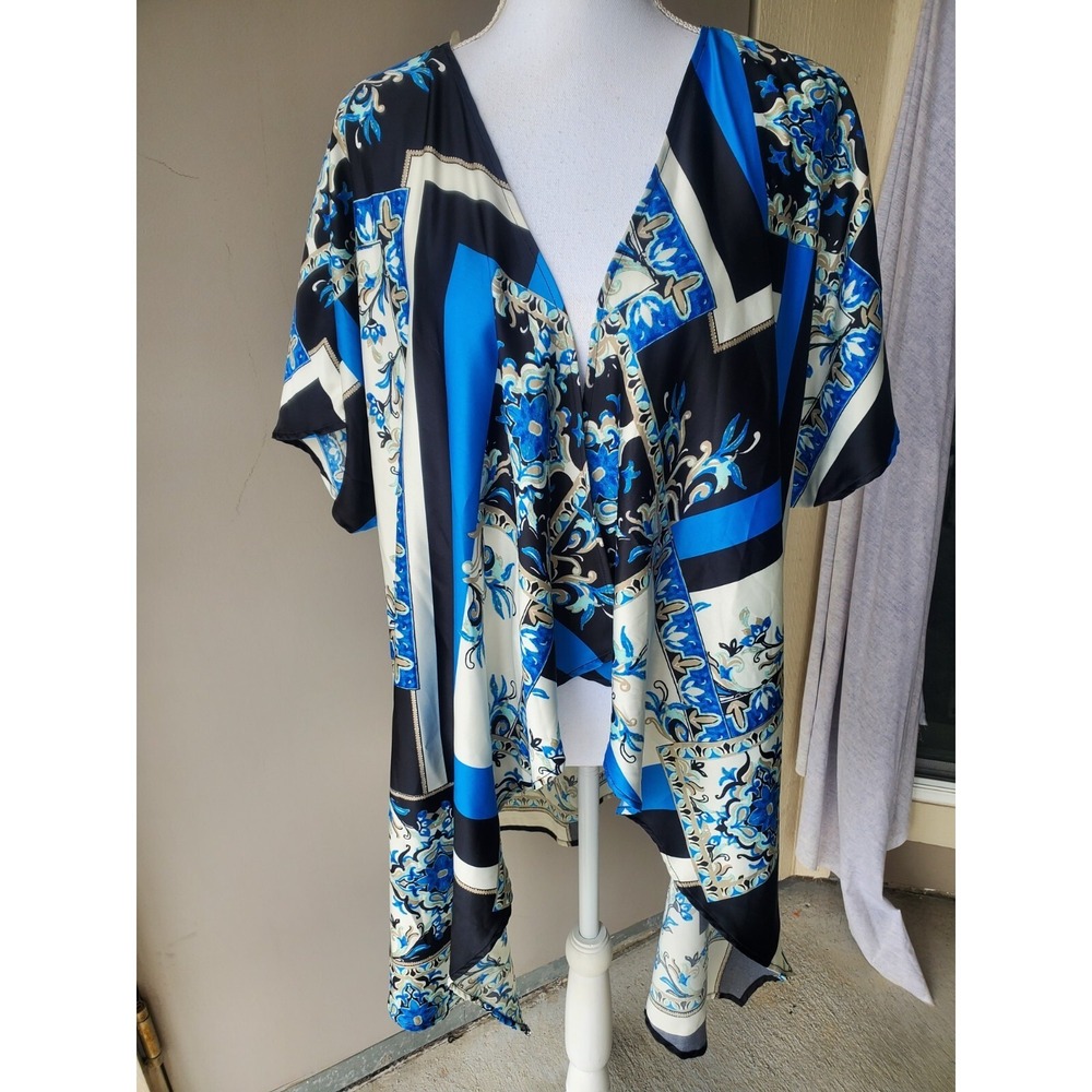 Est 1946 Kimono Cardigan Open Front Topper Womens Large Blue White Floral Boho
